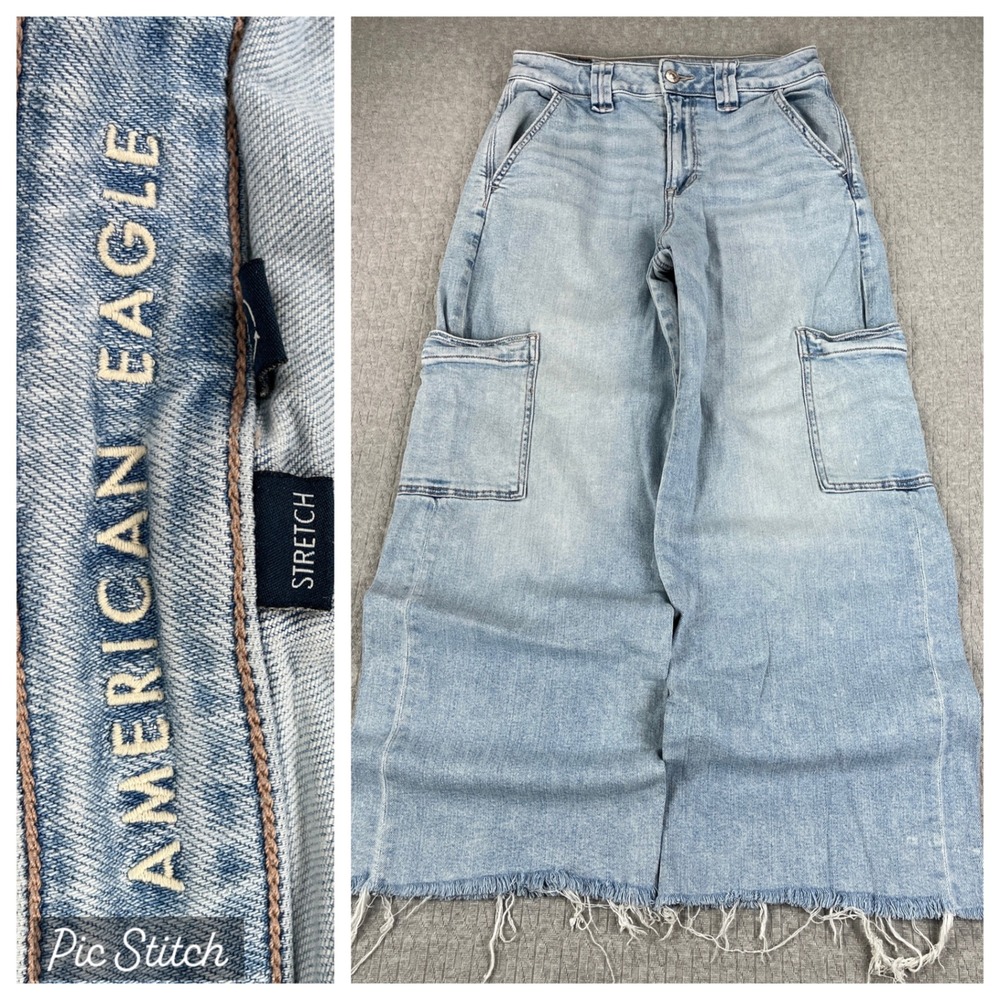American Eagle Cargo Baggy Wide Leg Jeans Women 2/26X28 High Rise light wash